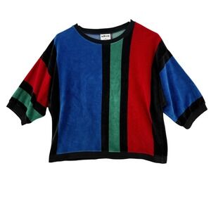 Vintage Aileen Shirt Womens Medium Striped Velour Colorblock Made USA 90s